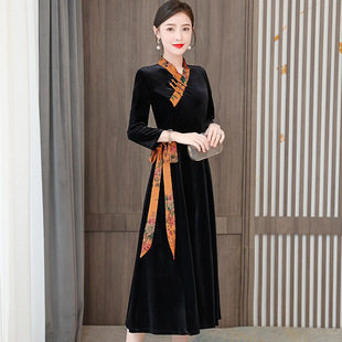 黑色旗袍2022年冬季新款长袖时尚气质复古改良连衣裙女日常中国风