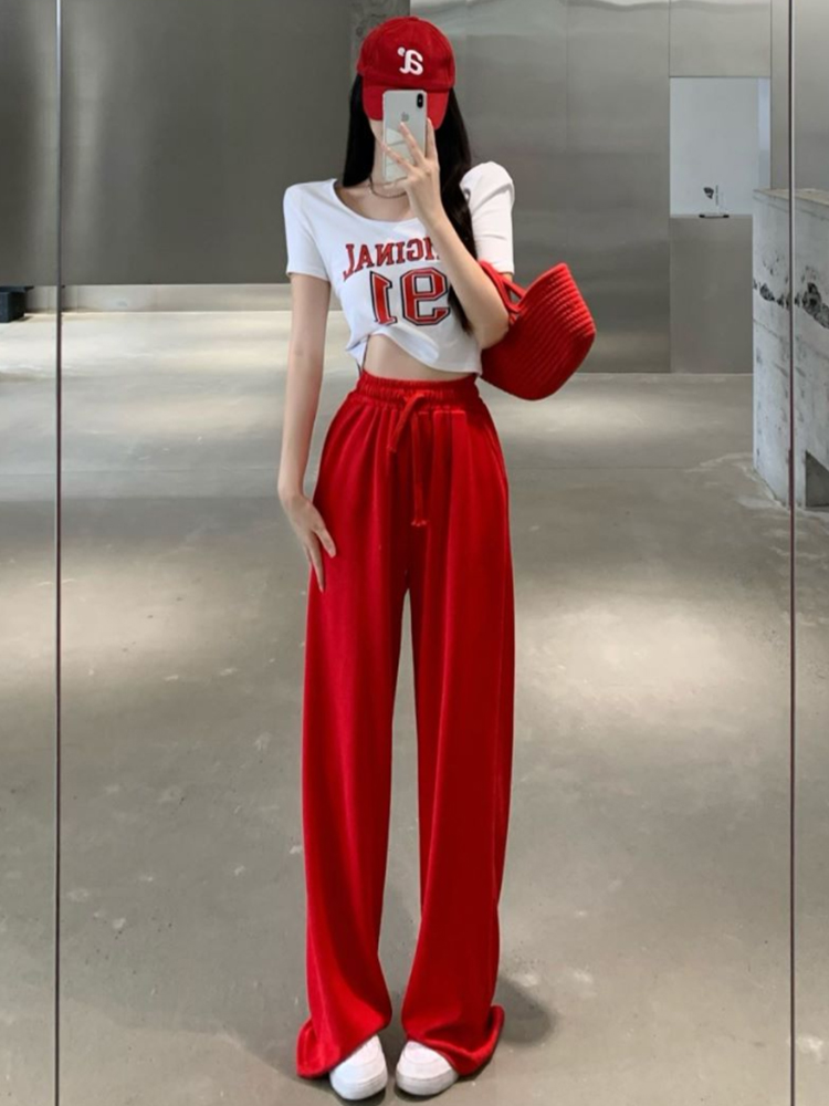 网红炸街套装女夏季新款字母印花短款上衣高腰运动阔腿长裤两件套