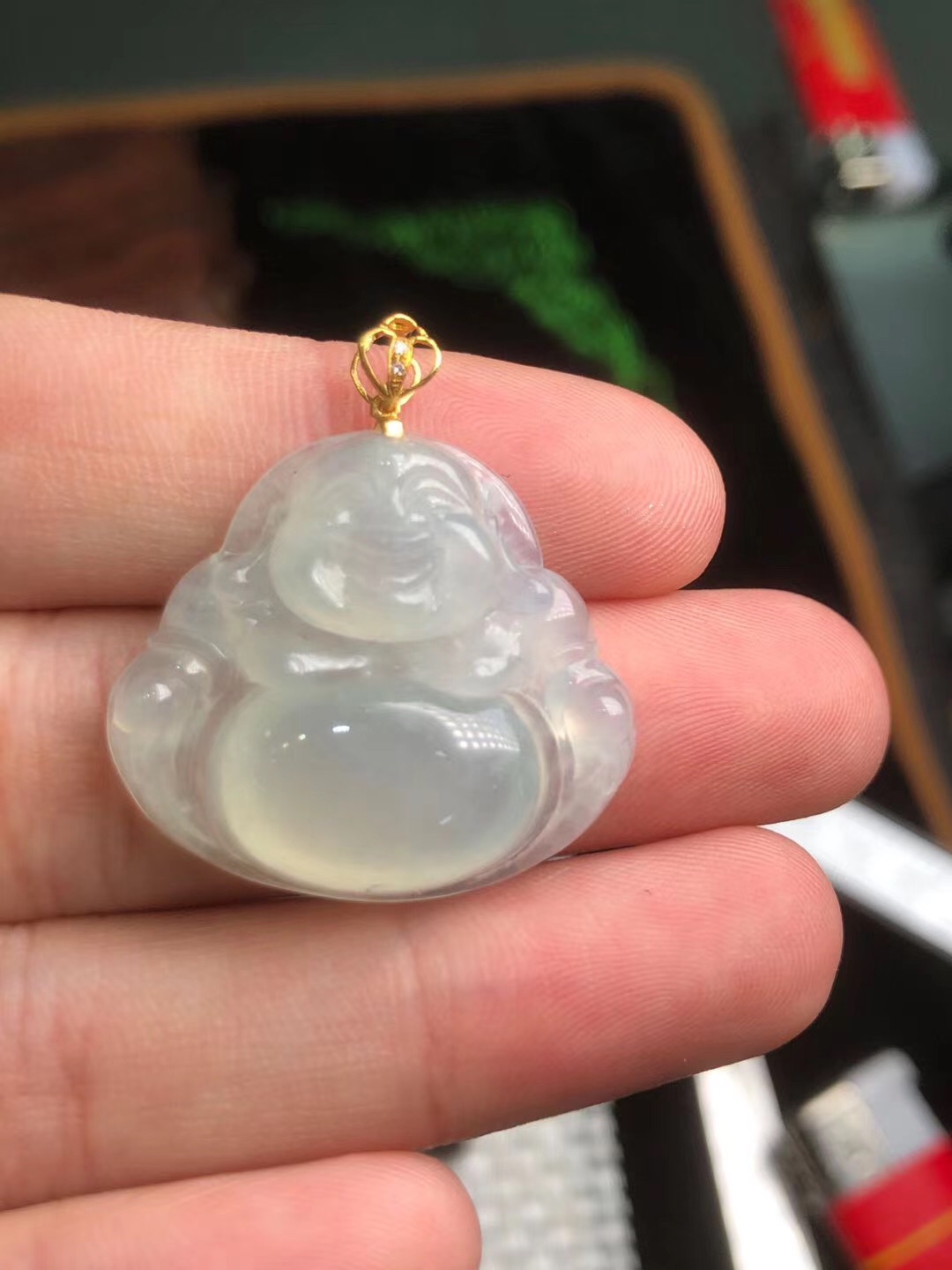 p天然缅甸翡翠a货冰种饱满晴底佛公吊坠玉石老种保平安镶18k金扣