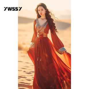 YT160757夏季古装广袖流仙裙马面裙宋制汉服成人改良版红色连衣裙
