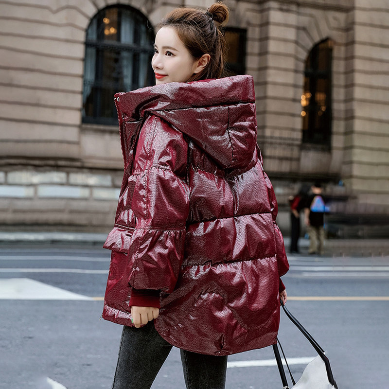 亮皮羽绒服女中长款亮面