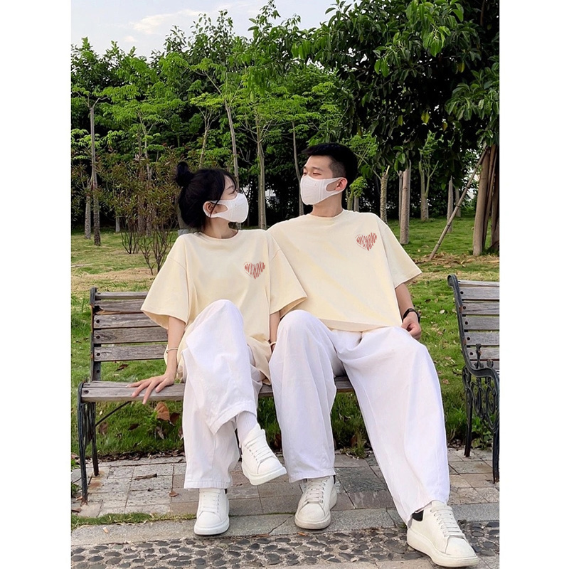 情侣装纯棉质感短袖t恤女夏季宽松美式复古高级感正肩上衣服ins潮