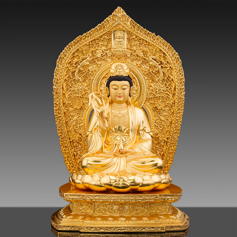 秦歌台湾铜贴金观音佛像铜像家用观世音菩萨供奉娑婆三圣神像摆件