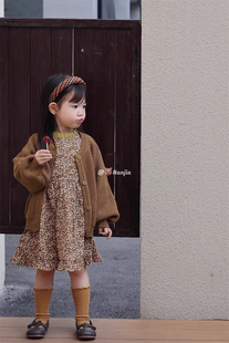 女童秋季毛衣针织开衫+碎花连衣裙套装 女宝宝洋气裙子穿搭两件套