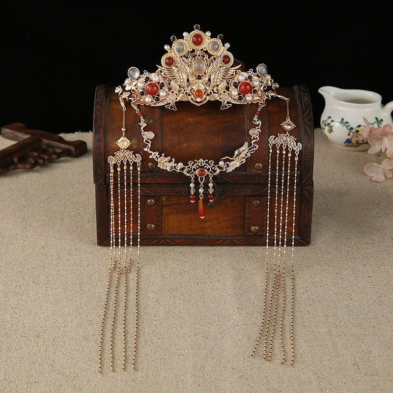 司司原创古风流苏新娘汉服古装发冠发饰凤冠头饰玛瑙重工首饰头冠