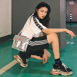 运动短裤五分裤女2019新款学生宽松大码韩版休闲bf风高腰直筒中裤