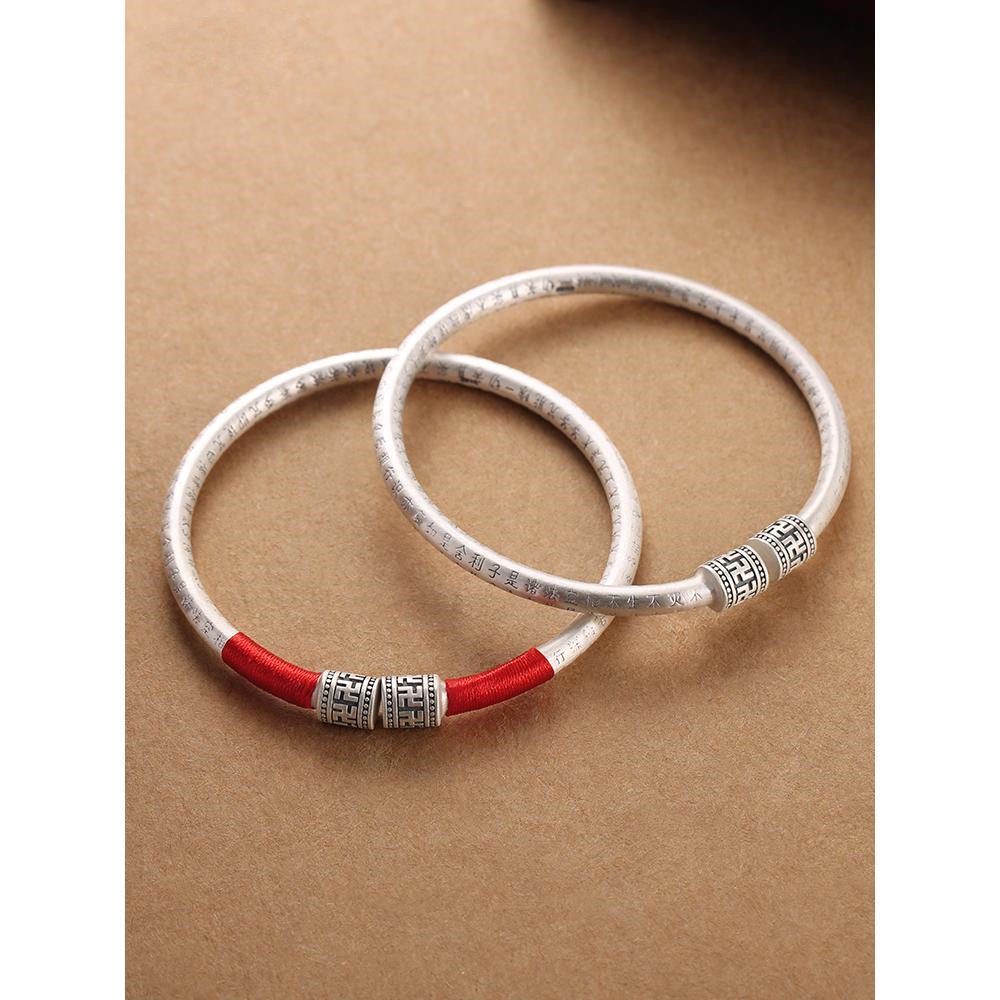纯银心经手镯女开口实心999足银本命年红绳转运复古民族风银镯子