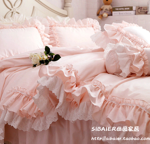 韩版艾琳娜荷叶花边蕾丝纯棉全棉床裙款纯色公主风床上用品四件套