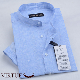 富绅夏季中年亚麻中国风蓝色立领时尚都市男士短袖纯色衬衫棉衬衣