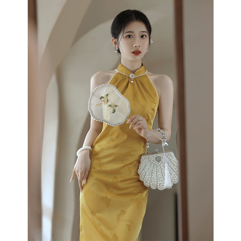 晨袍女新中式旗袍新娘敬酒服黄色年轻款改良连衣裙订婚礼服裙夏季