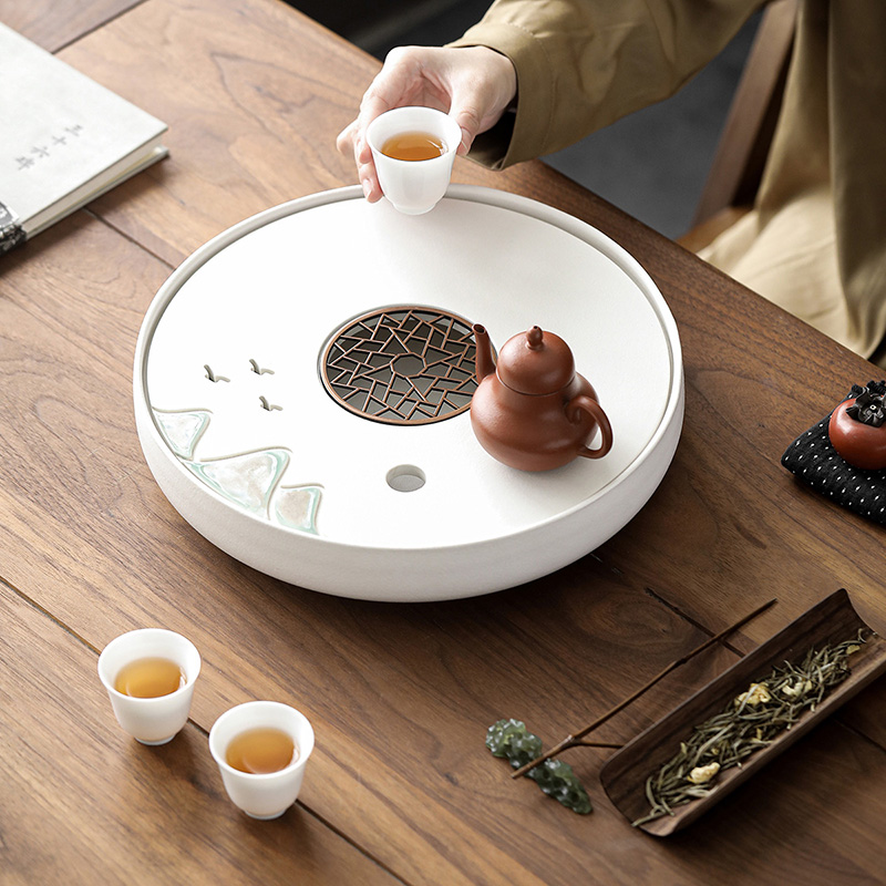 远山陶瓷茶盘家用托盘茶具沥水圆形大号茶台蓄排水现代轻奢干泡台