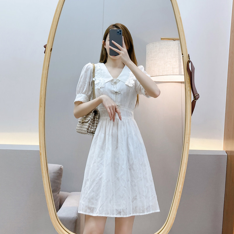 裙子甜辣ins女夏季法式小个子束腰小众设计初恋白色娃娃领连衣裙