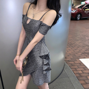 Ruffle sexy one line shoulder bag hip strap dress