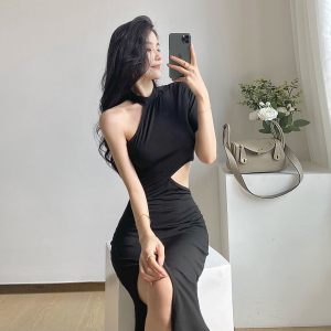 New unique niche design sense one shoulder open waist dress banquet annual meeting black dress