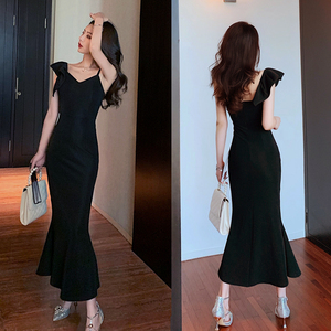 ~Spot ~ live video Xia FA style celebrity sexy one shoulder fishtail suspender slim evening dress dress