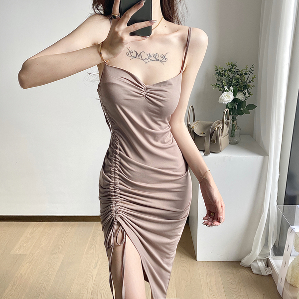 Open back loose medium length drawcord Pleated Dress