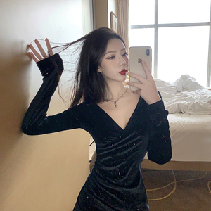 Real video autumn and winter velvet new V-neck backing glittering long sleeve waist closing slim fashion dress