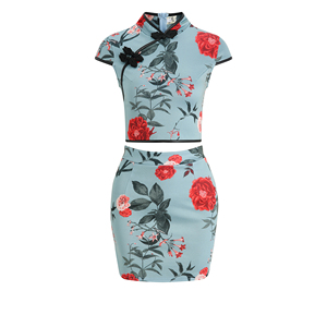 Retro girl's daily short sleeve Qipao + skirt two piece suit