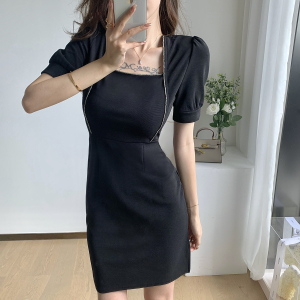 Temperament light familiar square neck short sleeve waist tight slim black skirt short dress dress