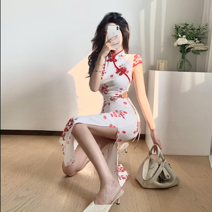 Vintage unique open waist drawcord shows thin waist split short sleeve medium long cheongsam