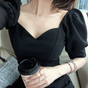 Real shot ~ spot ~ new summer dress square neck sexy thin black dress short sleeve small black skirt waist closing