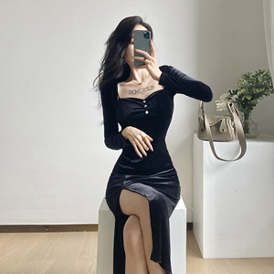 Real shooting spot autumn and winter new wrinkle thin suspender backing medium long split dress two-piece set