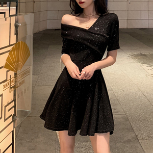 Real shot spot ~ New off shoulder high waist slim skirt shining dress Fairy Dress