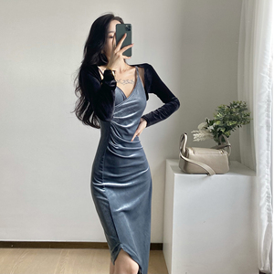 Velvet sleeveless suspender V-neck sexy thin buttock dress bottomed long skirt