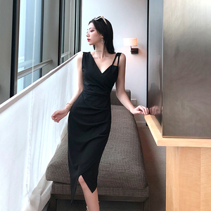 Real shooting celebrity temperament V-neck sleeveless pleated irregular hip strap dress