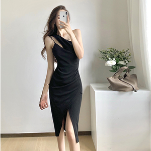 Slim slant shoulder irregular medium length dress