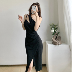 Slim slant shoulder irregular medium length dress