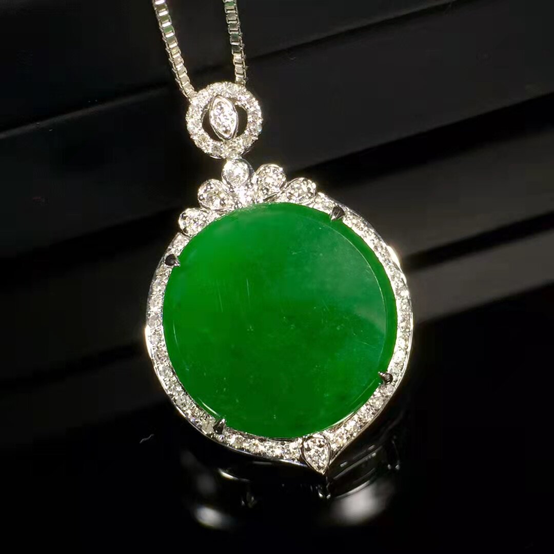 特价缅甸天然a货翡翠冰种辣绿平安圆牌18k金时尚简约镶嵌新品吊坠