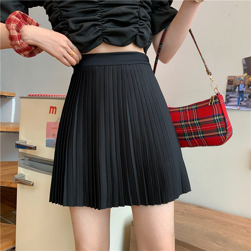胖mm雪纺百褶裙女夏季新款大码学院风高腰压褶黑色半身裙a字裙子