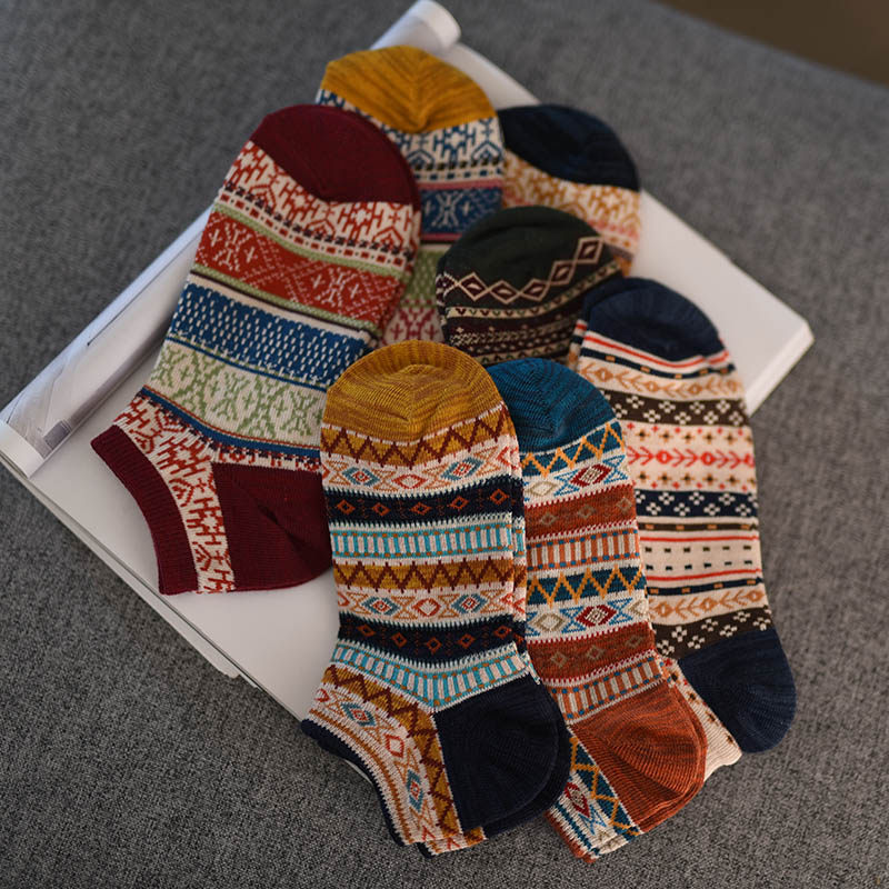 花纹波普森系民族风袜子女短袜浅口春季复古文艺范日系传袜女船袜