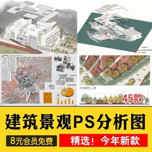 园林景观建筑规划PS 竞赛风小清新剖立面分析图PSD生态湿地层素材