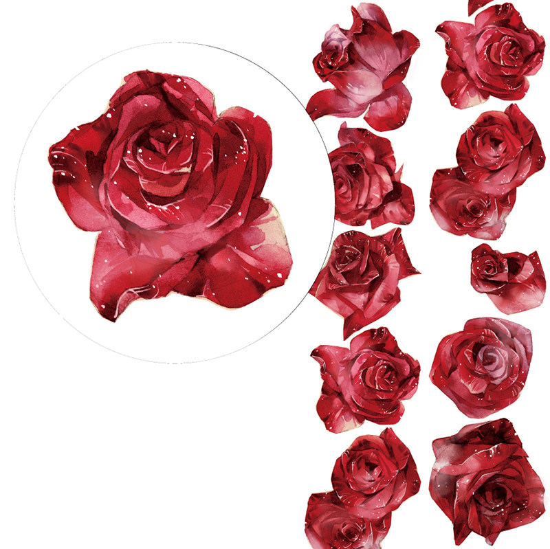 新七天社团手账手帐素材和纸胶带贴纸花卉特油红玫瑰红色虞美人