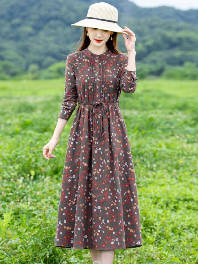 早秋时尚长袖碎花棉麻连衣裙2021新款女士大码高端气质春秋装裙子
