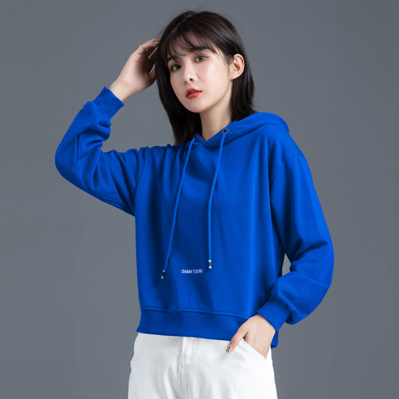 宝蓝色小个子连帽卫衣女2022年新款春秋薄款宽松韩版上衣女装外套