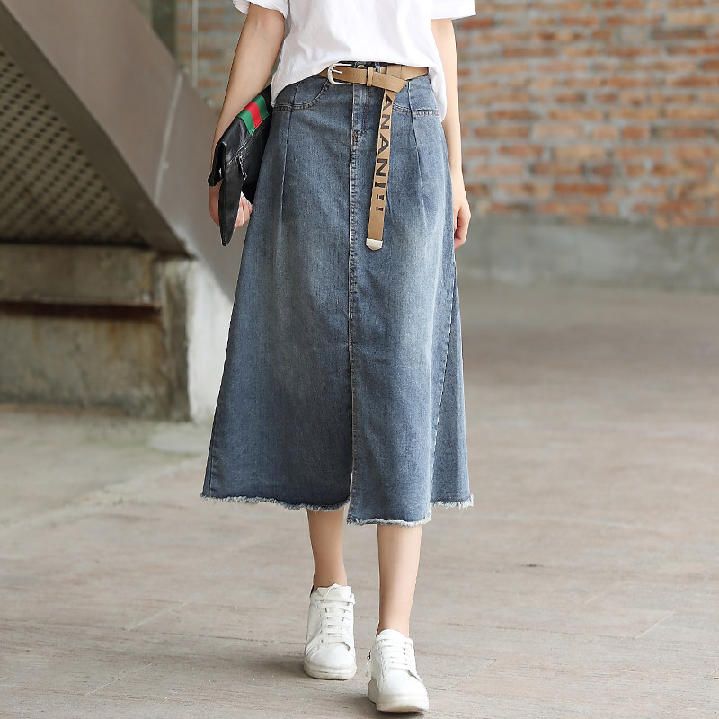 不规则牛仔裙女半身裙中长款a字裙春秋复古高腰毛边半裙拼接裙子