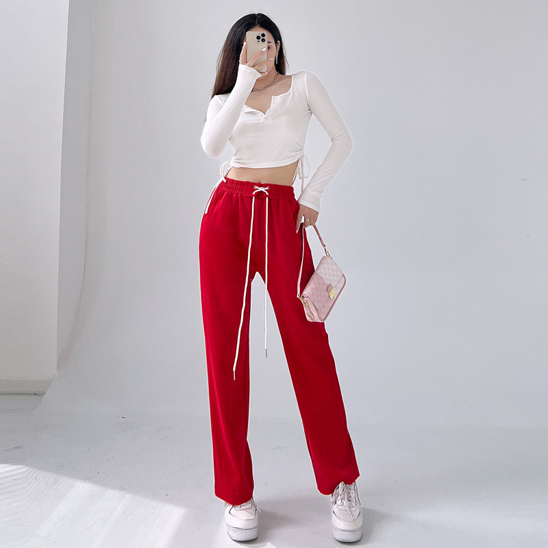 宽松垂感运动直筒红色长裤2022新款阔腿裤女夏季高腰显瘦休闲裤子