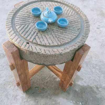 老石磨盘茶盘石雕老茶台复古茶桌室内庭院家用青石板木架老旧石z.