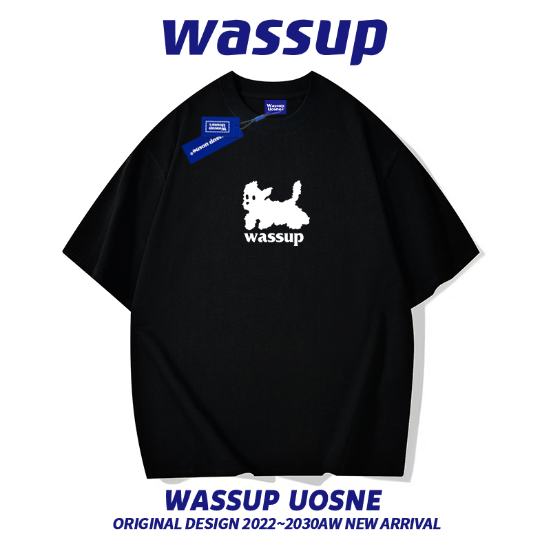 WASSUP国潮嘻哈黑色短袖t恤女2024夏季新款流行宽松重磅纯棉上衣