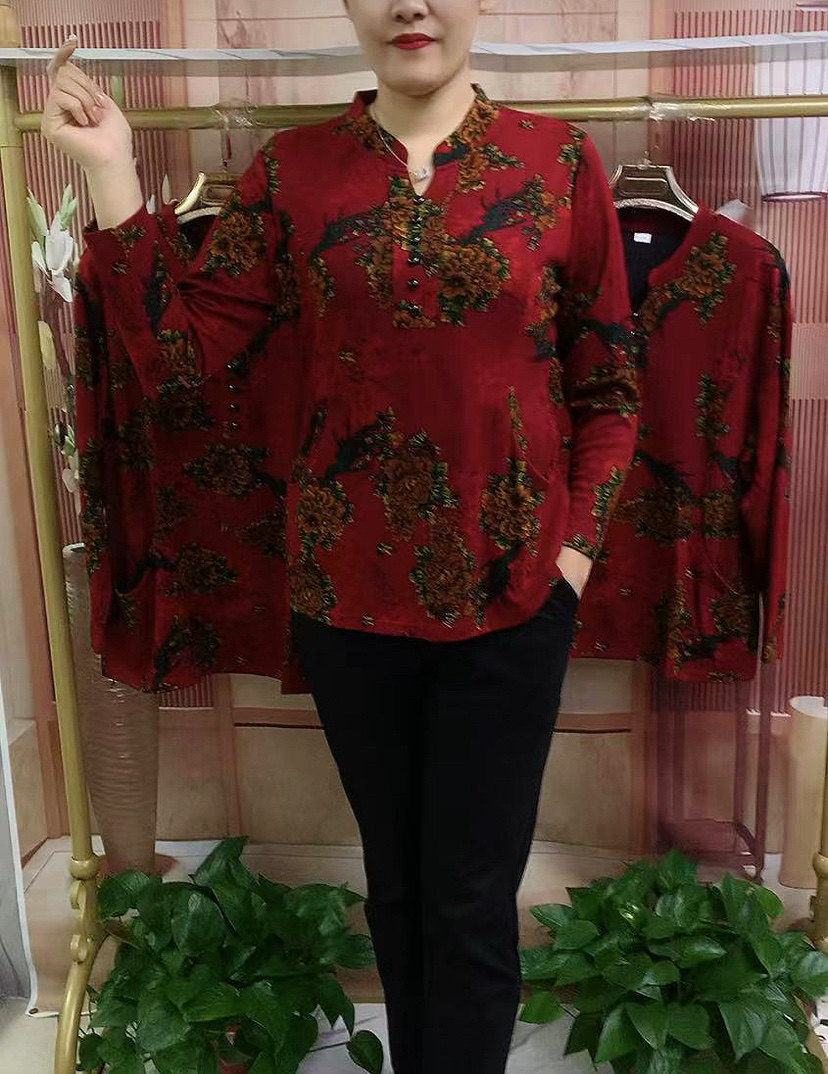 2021早秋重工艺长袖小v领套头花衫时尚百搭宽松大码中老年妈妈装