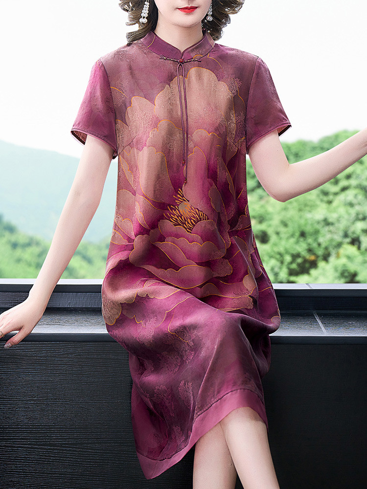 中年妈妈香云纱旗袍连衣裙女杭州大牌复古真丝桑蚕丝高档大码高贵