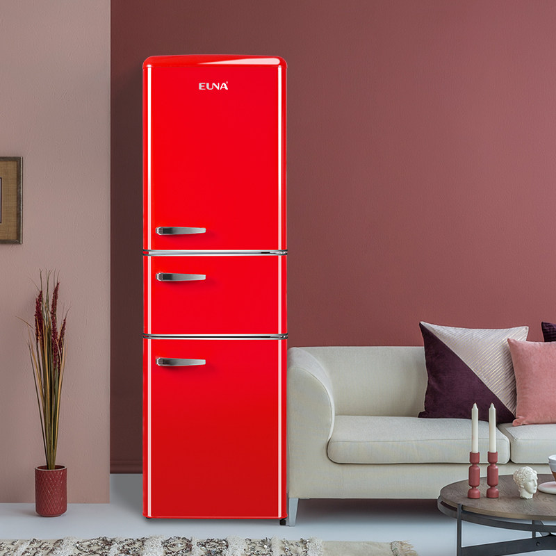euna/优诺 bcd-222ra复古冰箱三门家用冷藏冷冻红色冰箱大容量