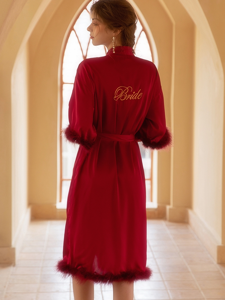 羽毛晨袍女新娘伴娘结婚婚礼法式长款红色睡衣高级感性感浴袍睡袍