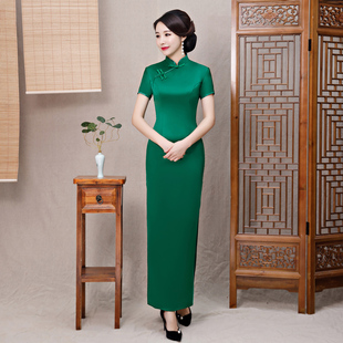 绿色旗袍新款中国风复古优雅端庄年轻少女女老上海走秀连衣裙2024