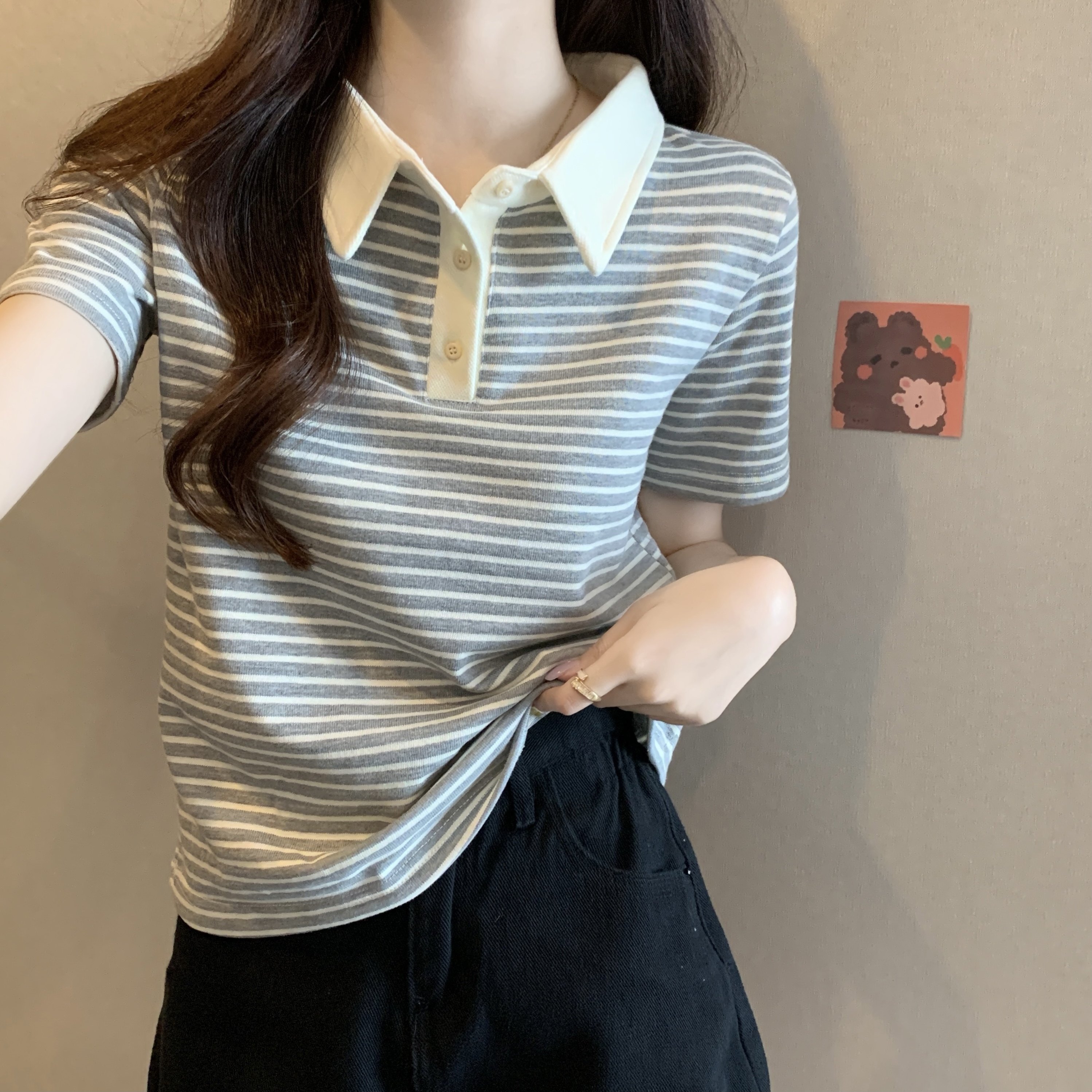 条纹polo衫夏季女小众设计感上衣宽松短袖正肩t恤夏款ins翻领上衣