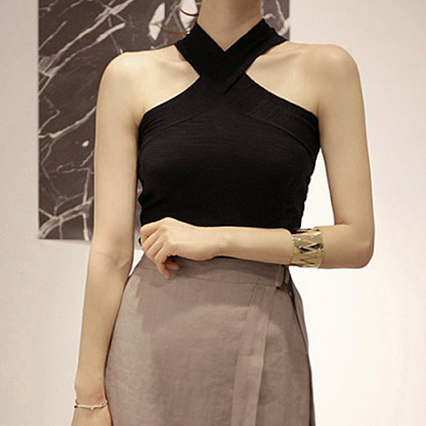 性感交叉吊带背心女紧身显瘦气质外穿打底韩版露肩挂脖无袖上衣夏