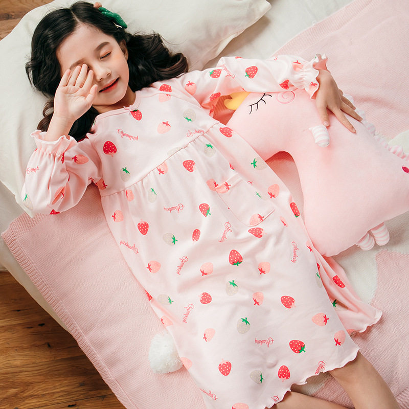 女童睡衣纯棉春秋季2022新款长袖睡裙儿童圆领小女孩公主风居家服